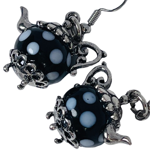 Polka dot glass black & white teapot dangly charm earrings NEW - Picture 3 of 6